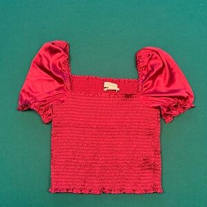 Red Smocked Puff Sleeve Top